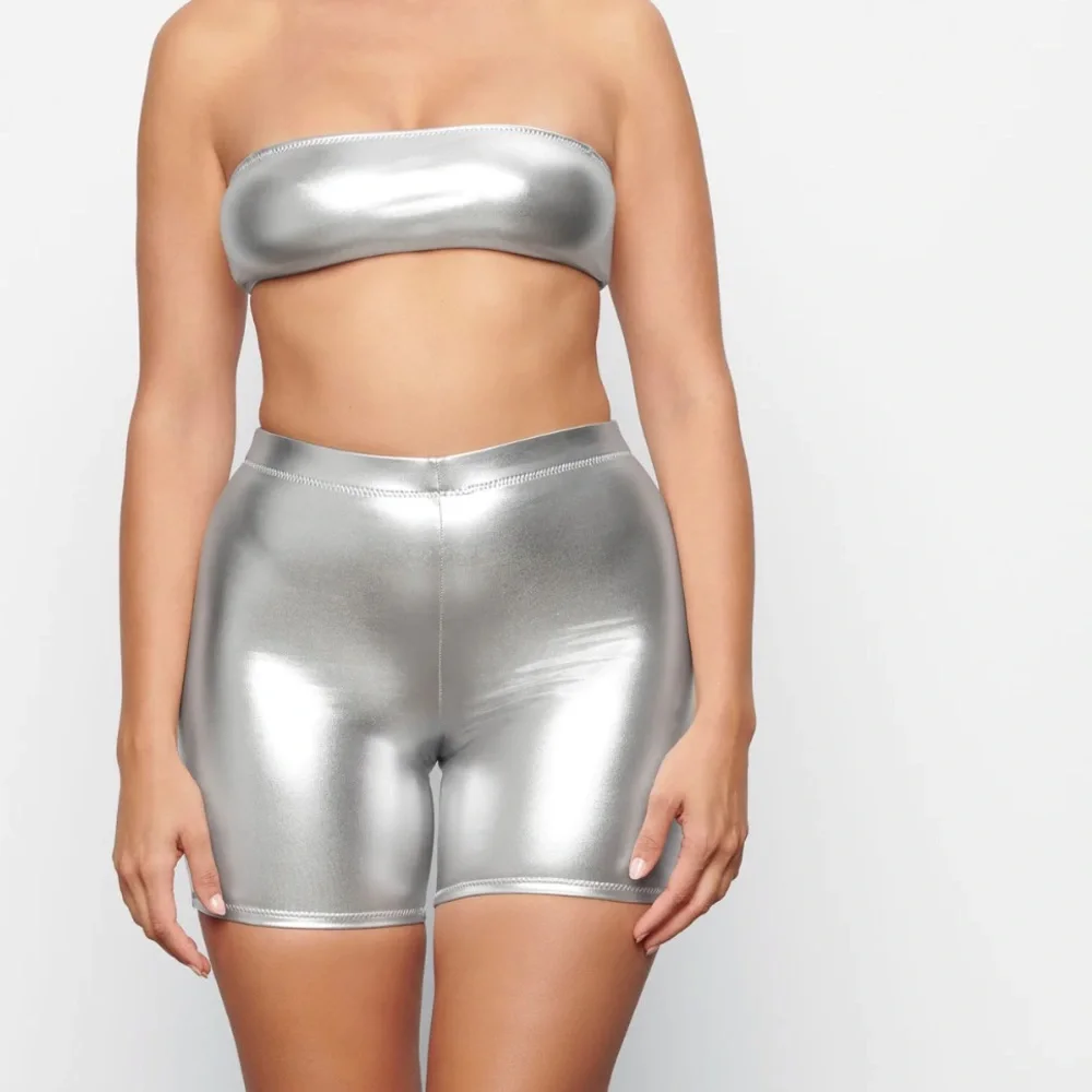 🩶SKIMS METALLIC MID WAIST SWIM BIKINI BOTTOMS SHORTS IN NICKEL M L